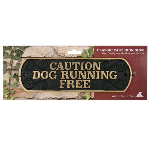 Caution Dog Running Free Cast Iron Landscape Sign