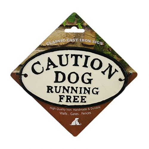 Caution Dog Running Free Cast Iron Oval Sign